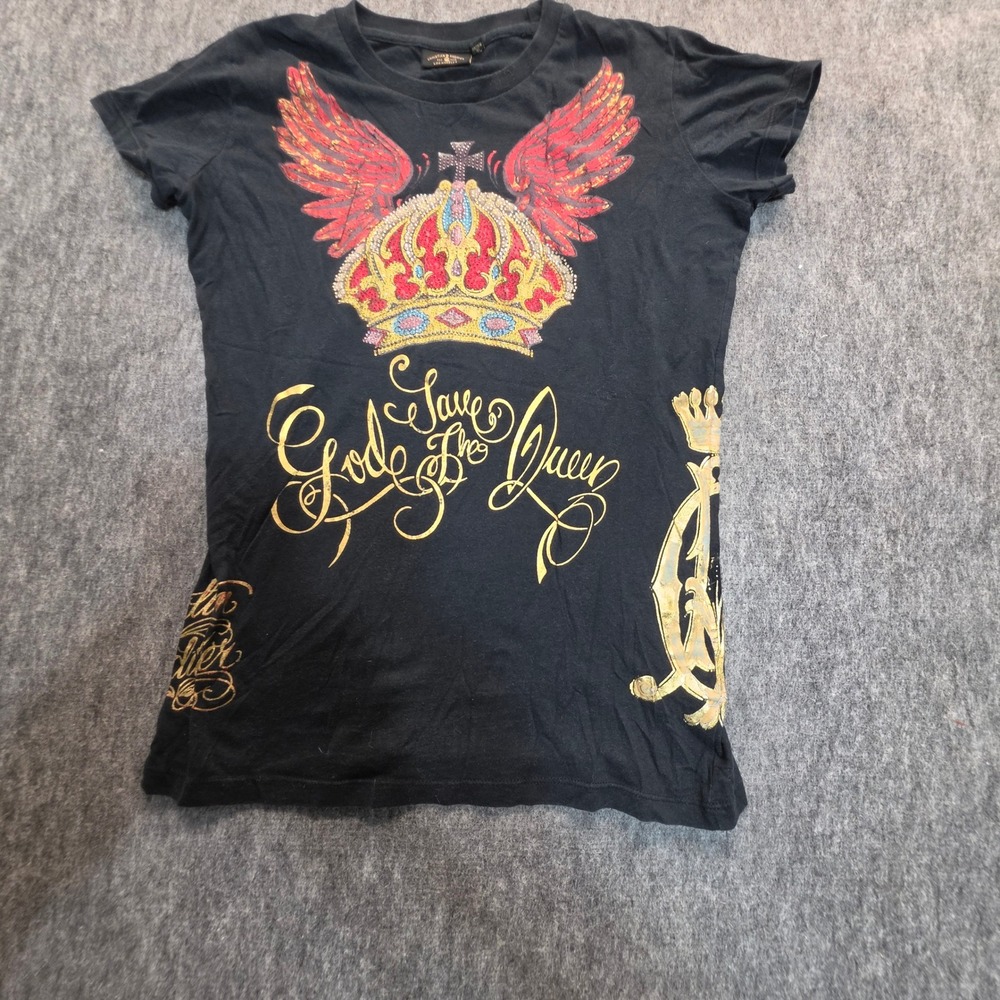 Christian Audigier Black Save The Queen Crown Rhinestone Graphic Tee Shirt Women